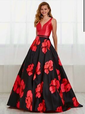 Tiffany Designs Red Satin V-Neck Ball Gown with Black Floral Skirt